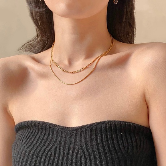 18K gold layered necklace, duo layered necklace set,Gold layered snake chain set - Picture 1 of 5
